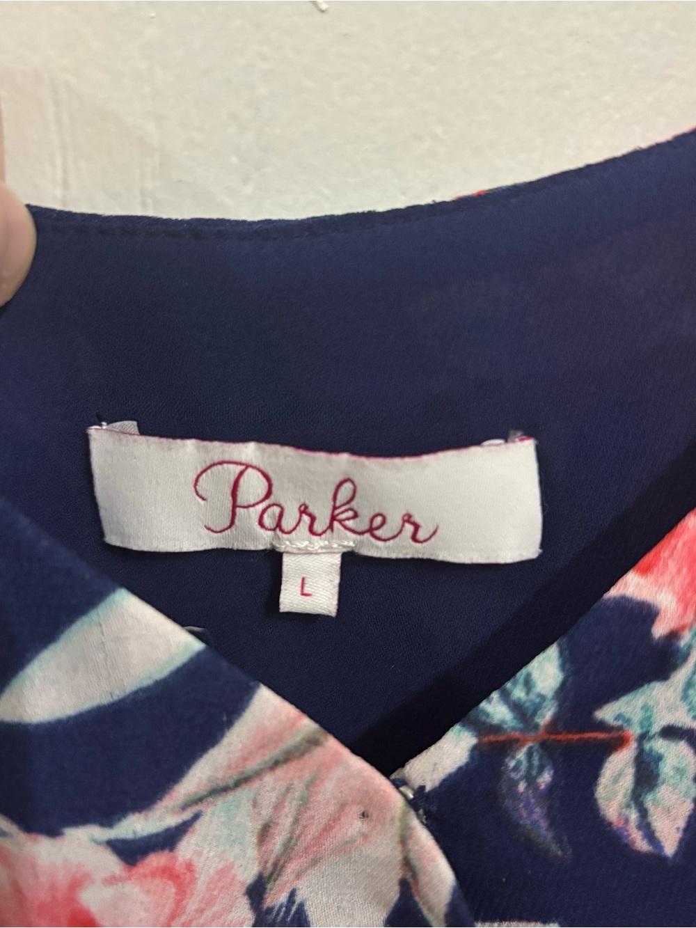 Parker NY Navy Blue Floral Faux Wrap Mini Dress - Size Large - Picture 3 of 6